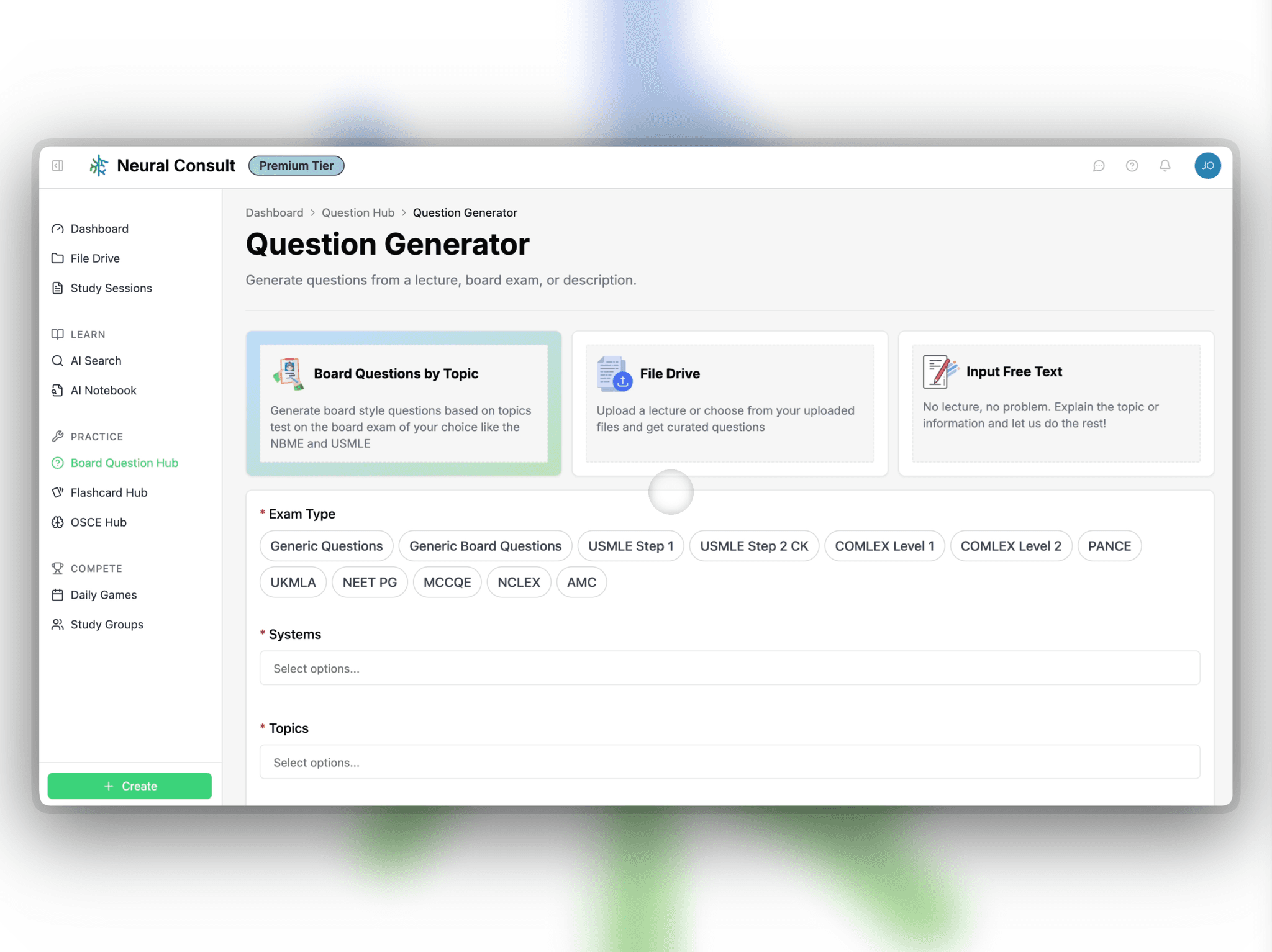 Step 1: Choose whether you’d like questions by board topic or from your lectures/uploads